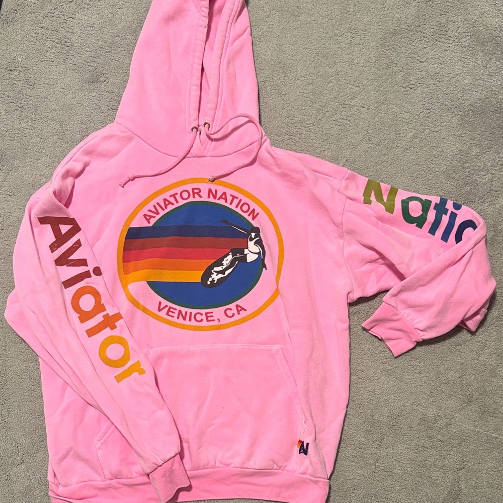 Aviator Nation Pink Hoodie with Rainbow Logo